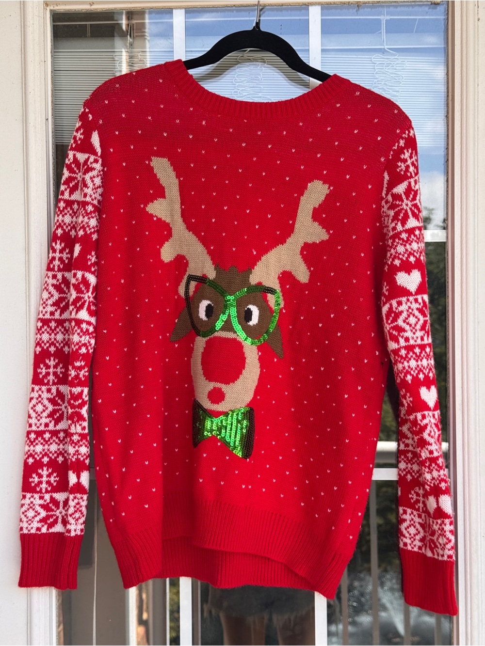 Red Christmas Reindeer Sweater with Sequin Bow